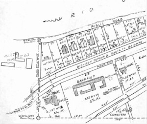 Figure 4. Fort Bliss at Hart’s Mill. This is close-up of the 1893 Fort Bliss plat shows a small triangular cemetery at the lower edge of the base. The plat is oriented eastward toward the Rio Grande. Courtesy of the El Paso County Records Office.
